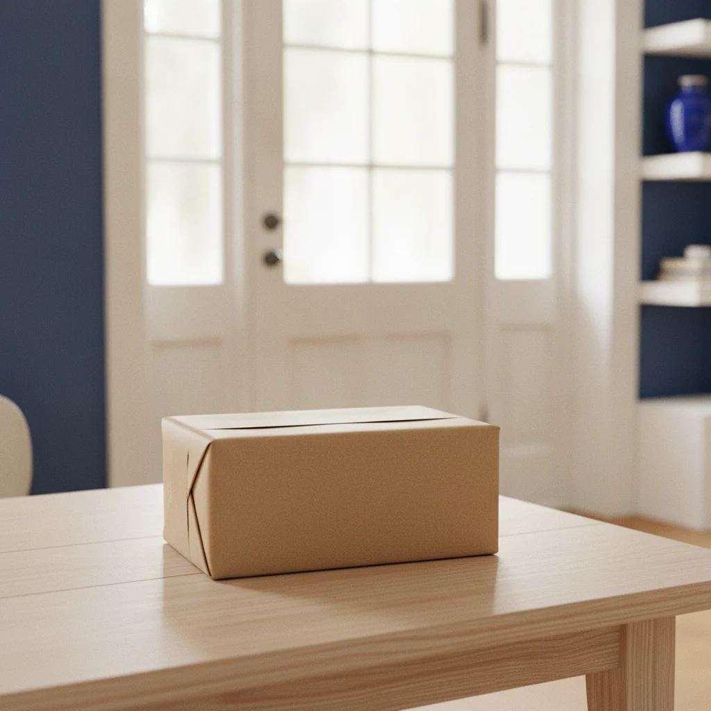 A neat plain kraft parcel box placed on a table near a bright front door