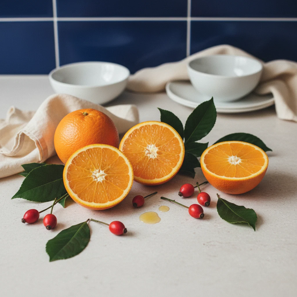 Fresh oranges, rosehips and green leaves arranged on a pale stone kitchen surface
