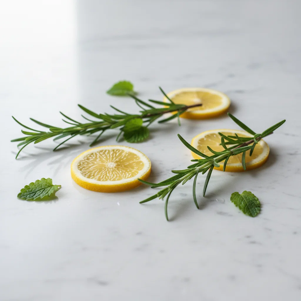 Fresh rosemary, thyme and green leaves arranged on a light marble surface