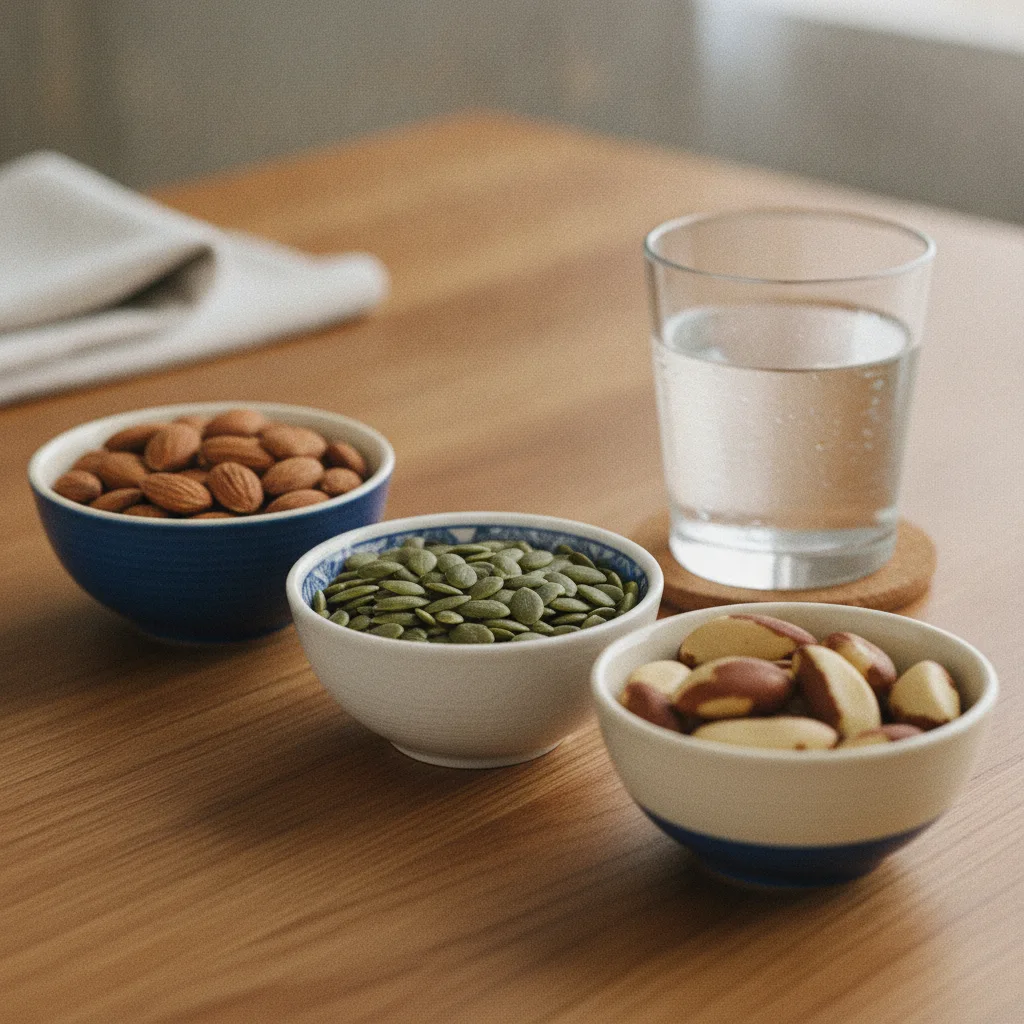 Almonds, pumpkin seeds and brazil nuts in ceramic bowls on a wooden table